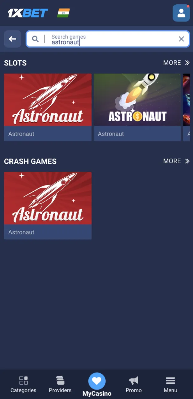Use the search bar on the 1xbet casino website to find the game Astronaut.