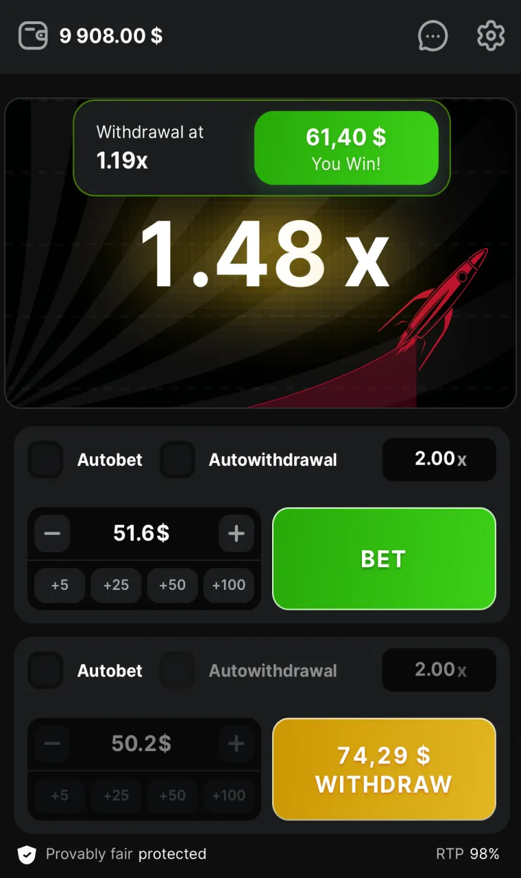 Guess when the rocket will fly away and you will see a pop-up window with the amount of your winnings in the Astronaut game.