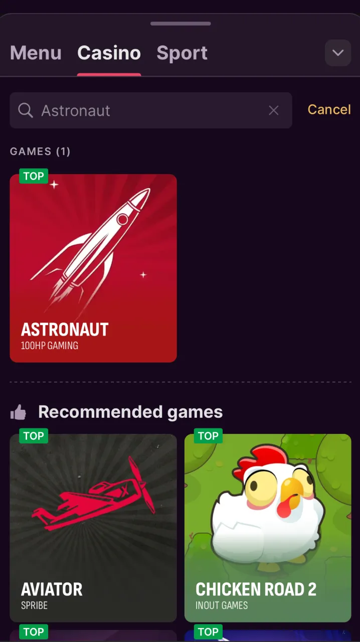 Go to the casino section on the Batery website to find the Astronaut game.
