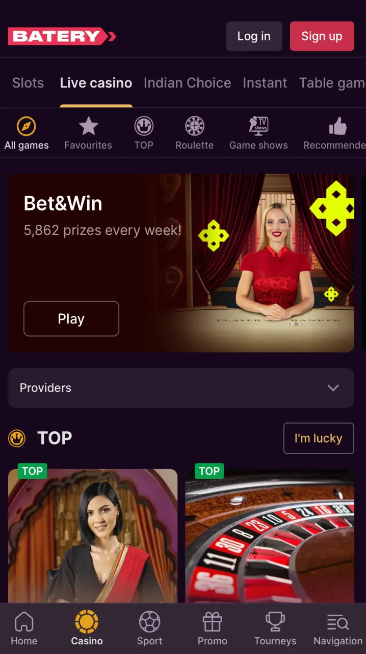 The live casino section at Batery is a treasure trove of exciting games that are easy to find thanks to simple navigation.