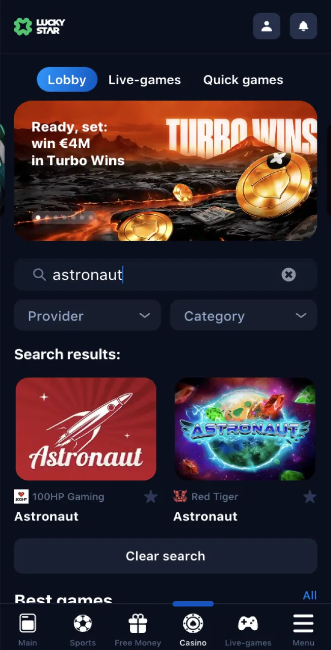 Go to the casino section on the Lucky Star website and use the search bar to find the Astronaut game.