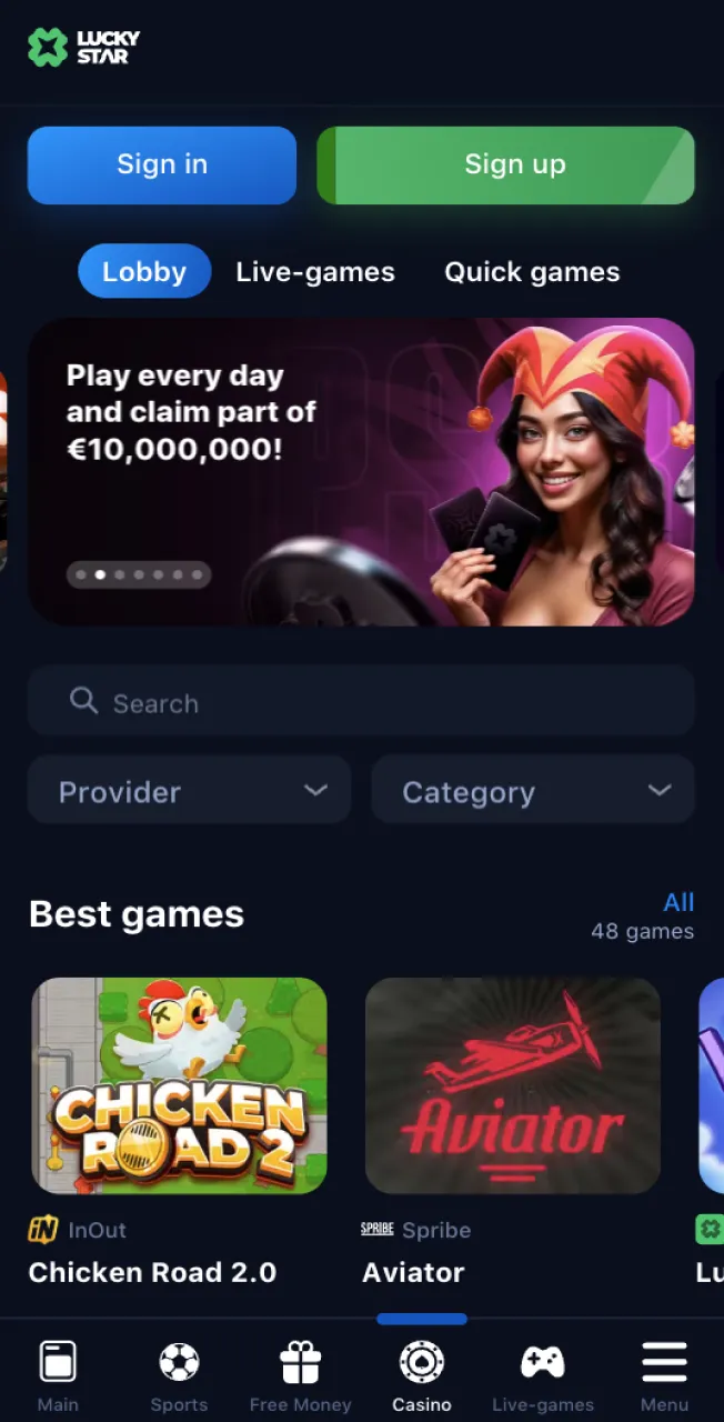 The convenient navigation of the Lucky Star casino website will help you quickly find your way around the casino games section.