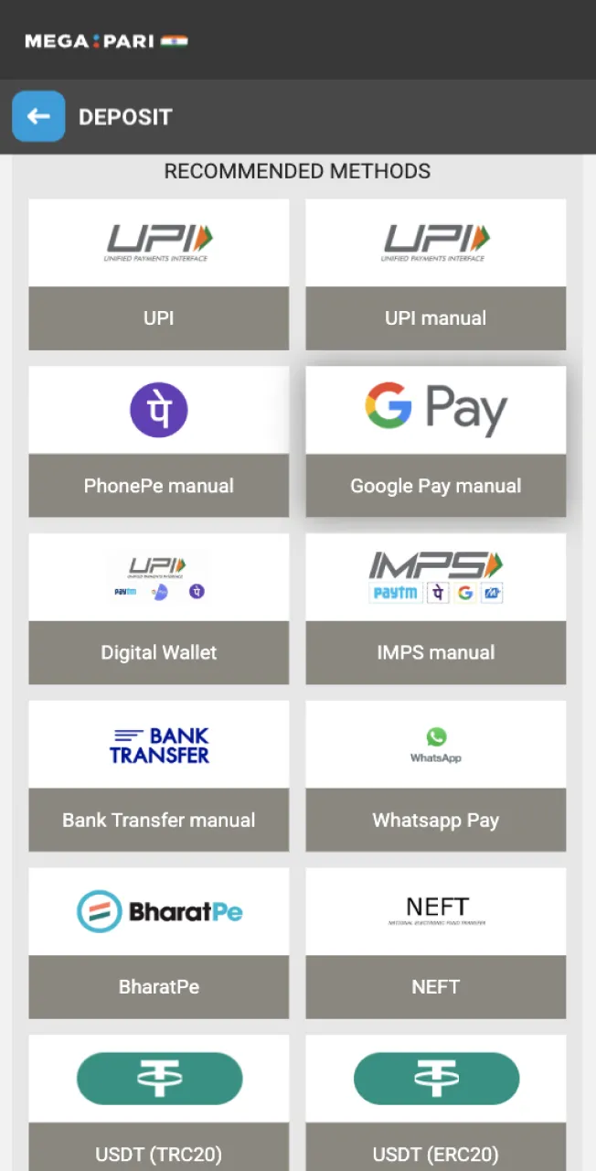 Megapari Casino offers you a variety of convenient ways to fund your Astronaut game account.