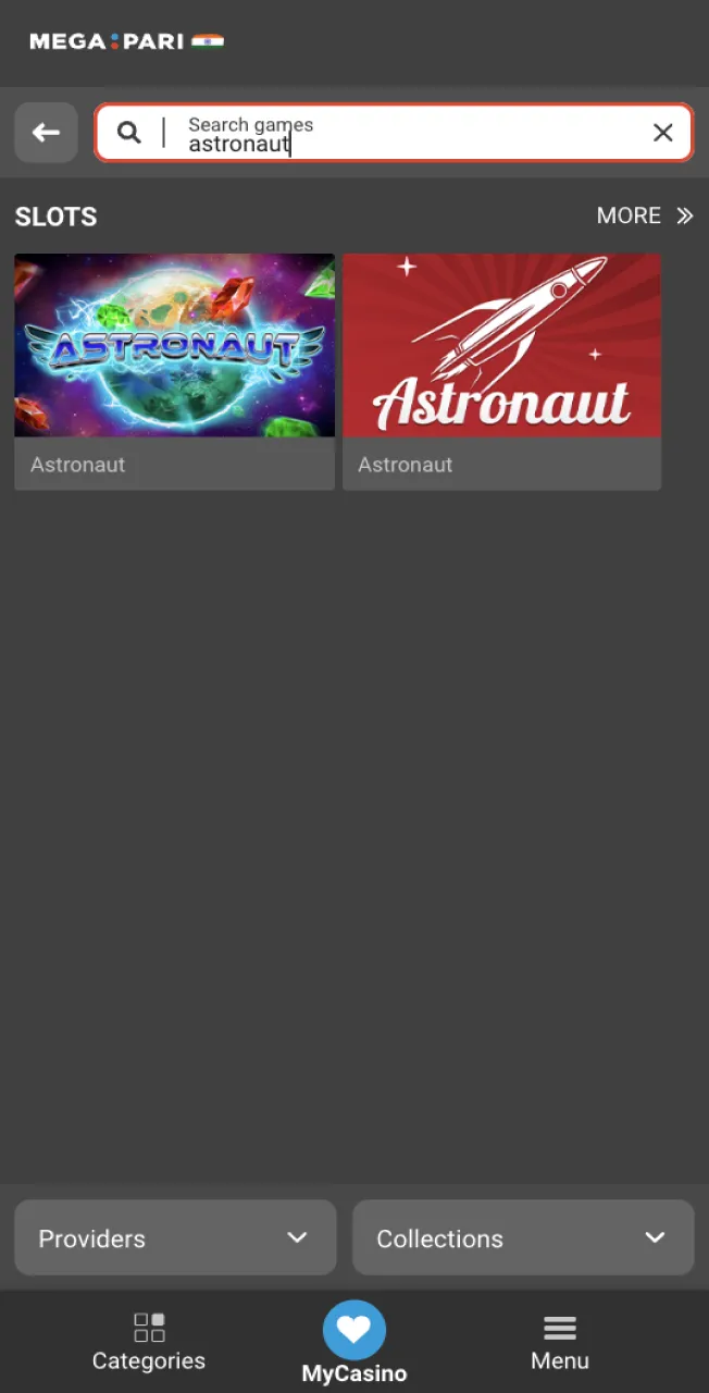 Finding the Astronaut game on Megapari is very easy using the search bar in the casino section.