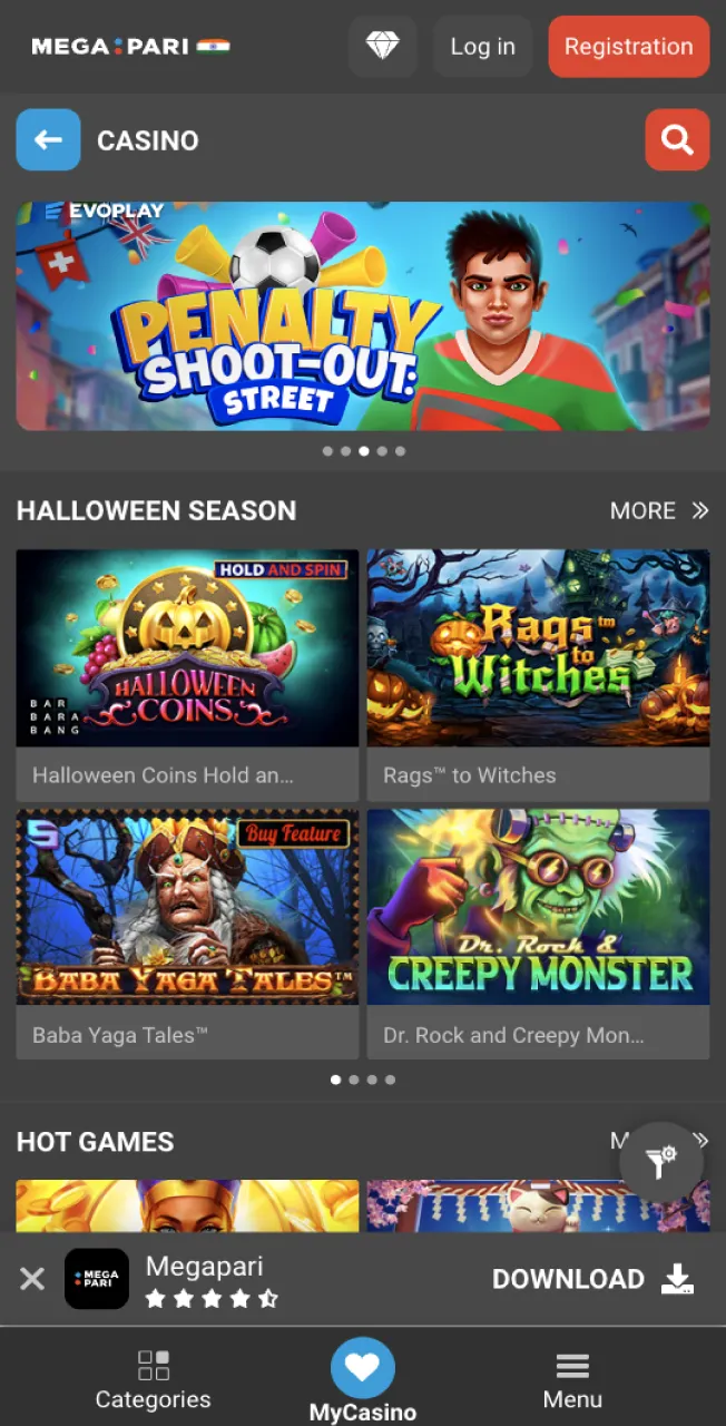 The convenient interface of the casino section on the Megapari website will help you find the game you want in just a couple of clicks.