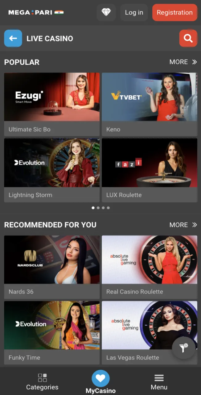 Convenient sections and subsections of the Megapari website, such as the live casino, will help you quickly navigate the variety of games.