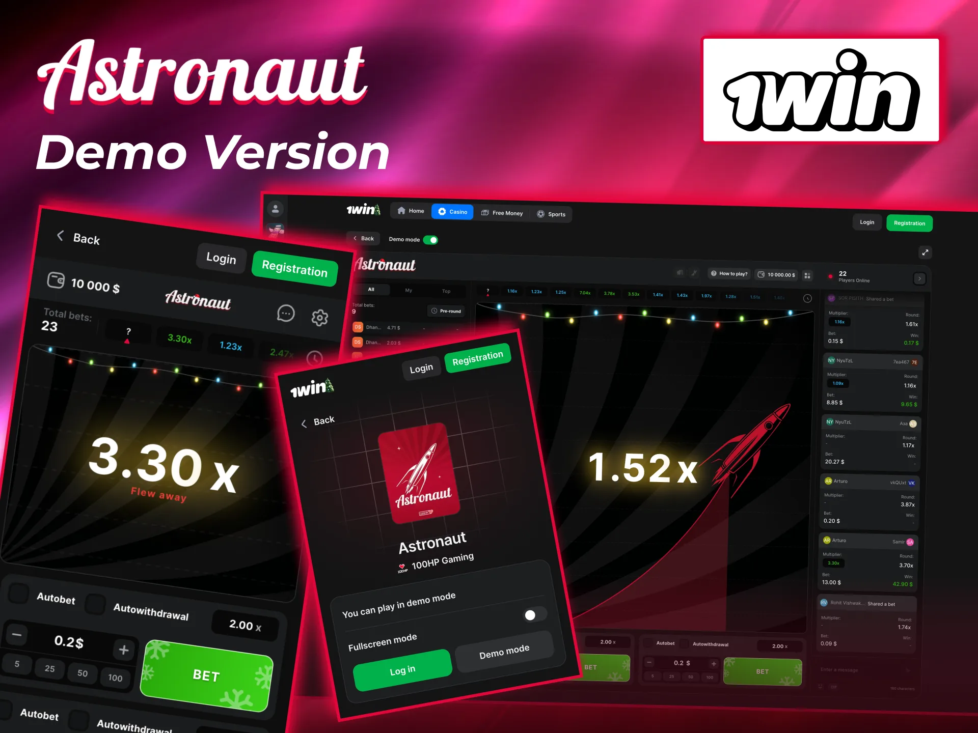 Astronaut demo version at 1win shows rules, history, and gameplay.