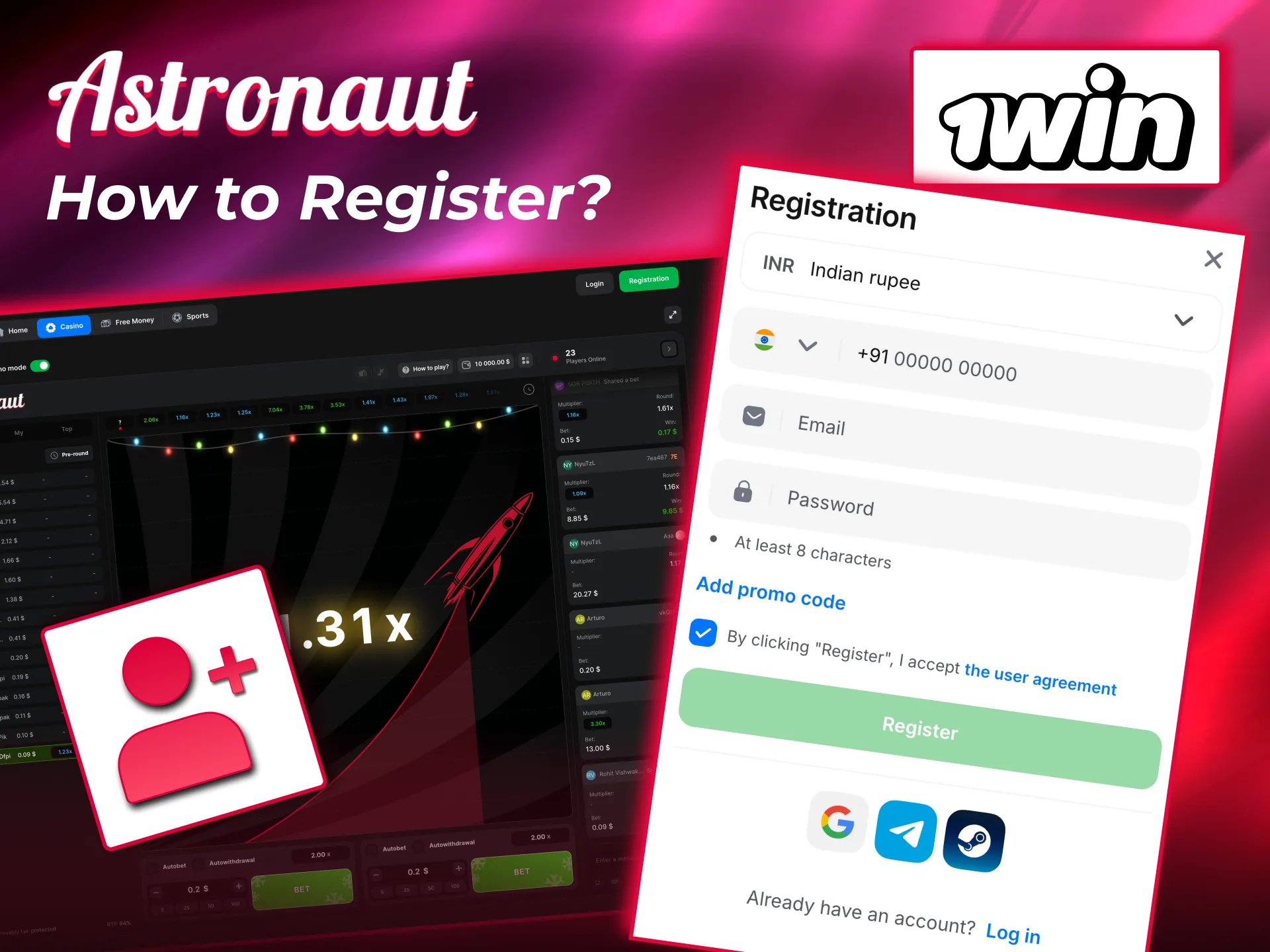 Quick Astronaut registration in 1win game for new players.
