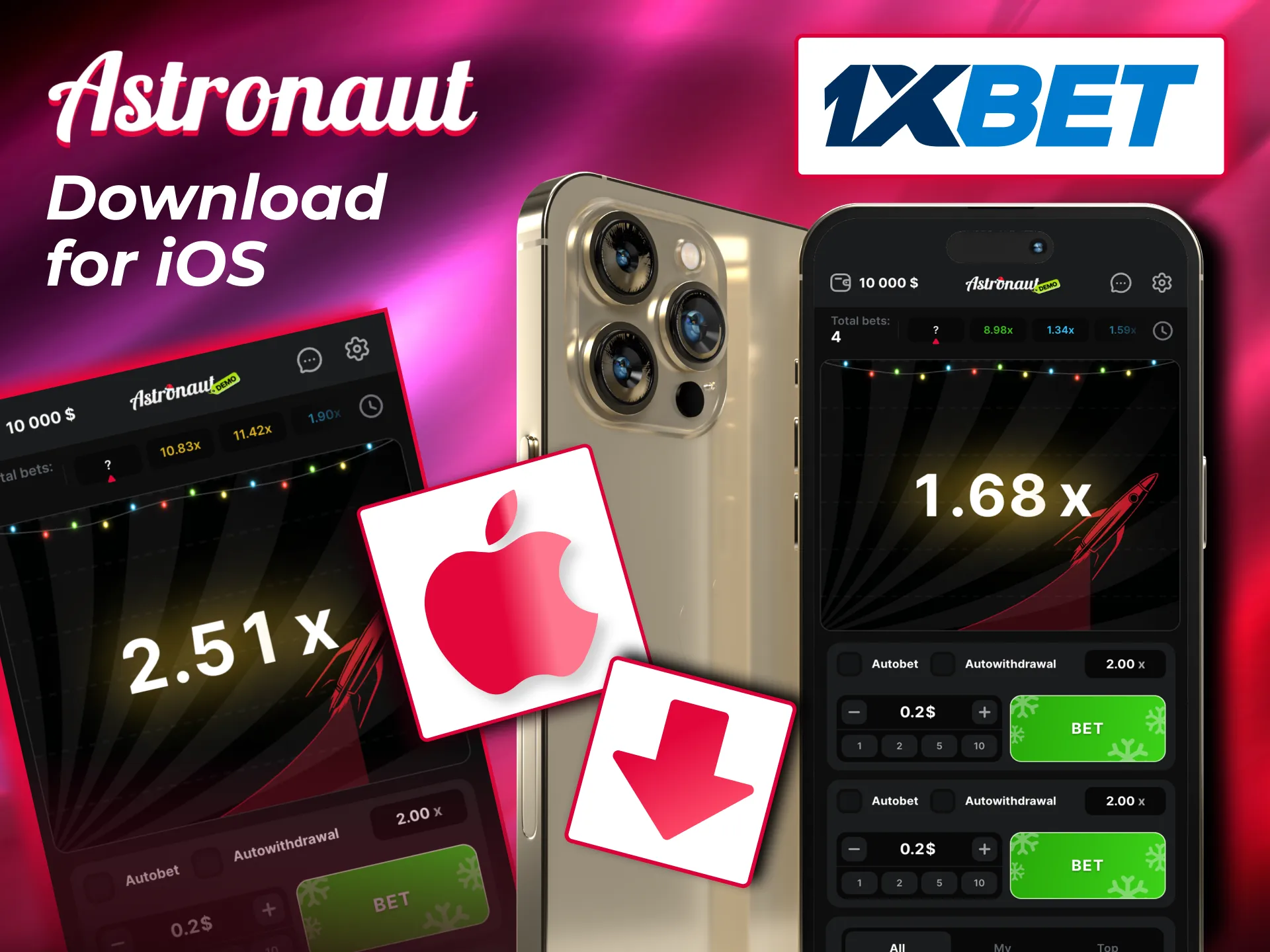 Astronaut iOS app on 1xBet offers free install for iPhone and iPad with full casino features.