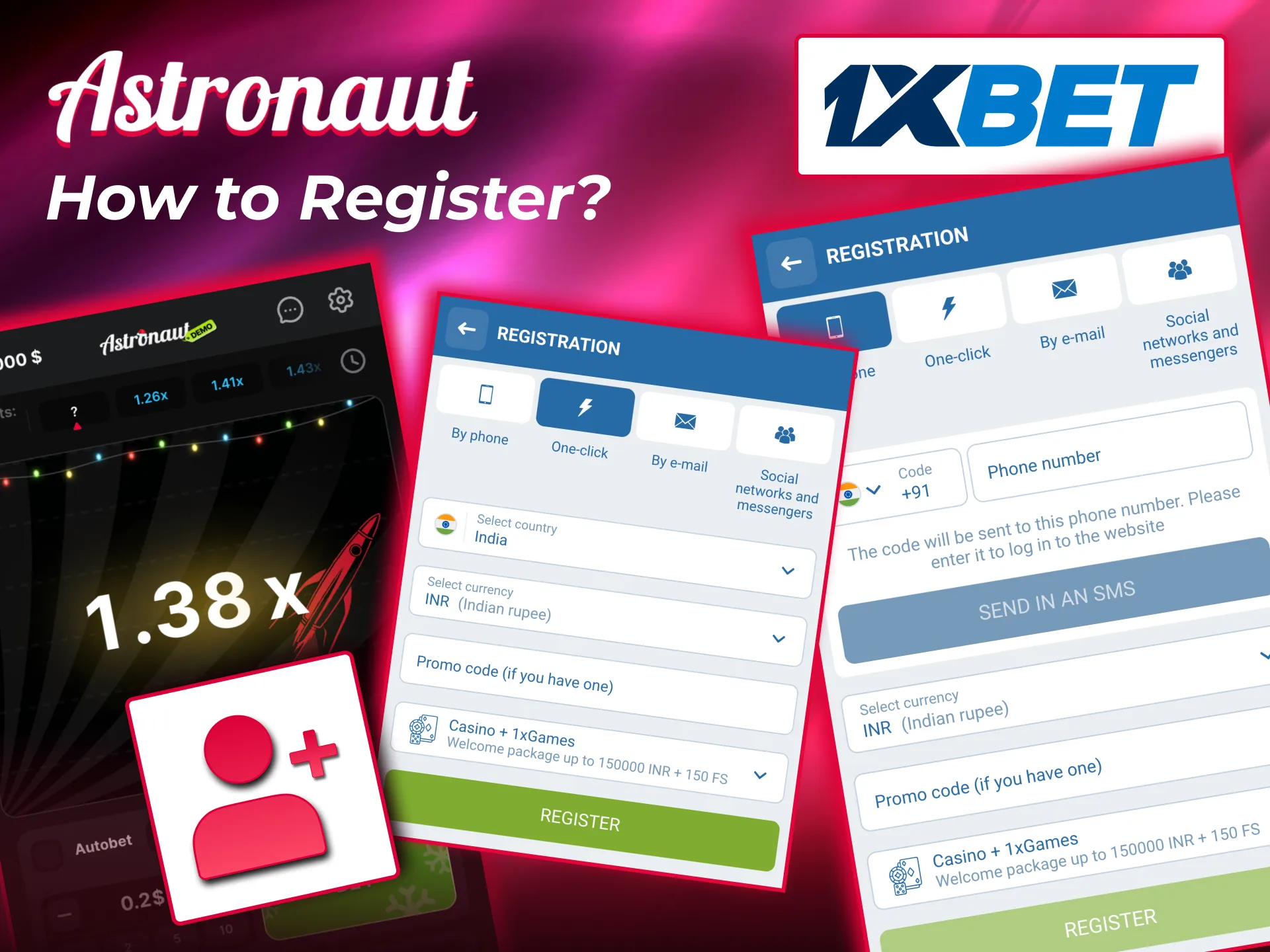 Gamblers register on 1xBet for Astronaut by filling personal data and accepting terms and conditions.