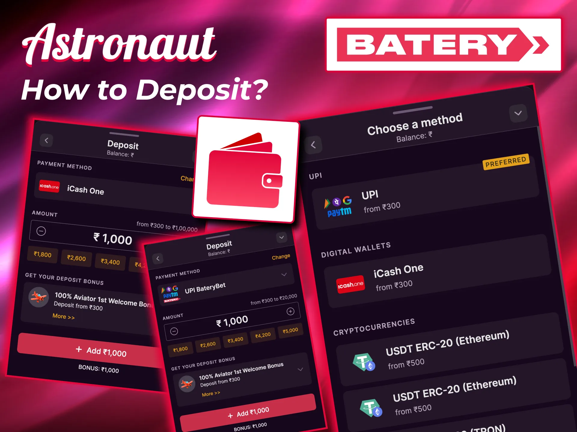 Add balance on Batery app and enjoy Astronaut gameplay right away.