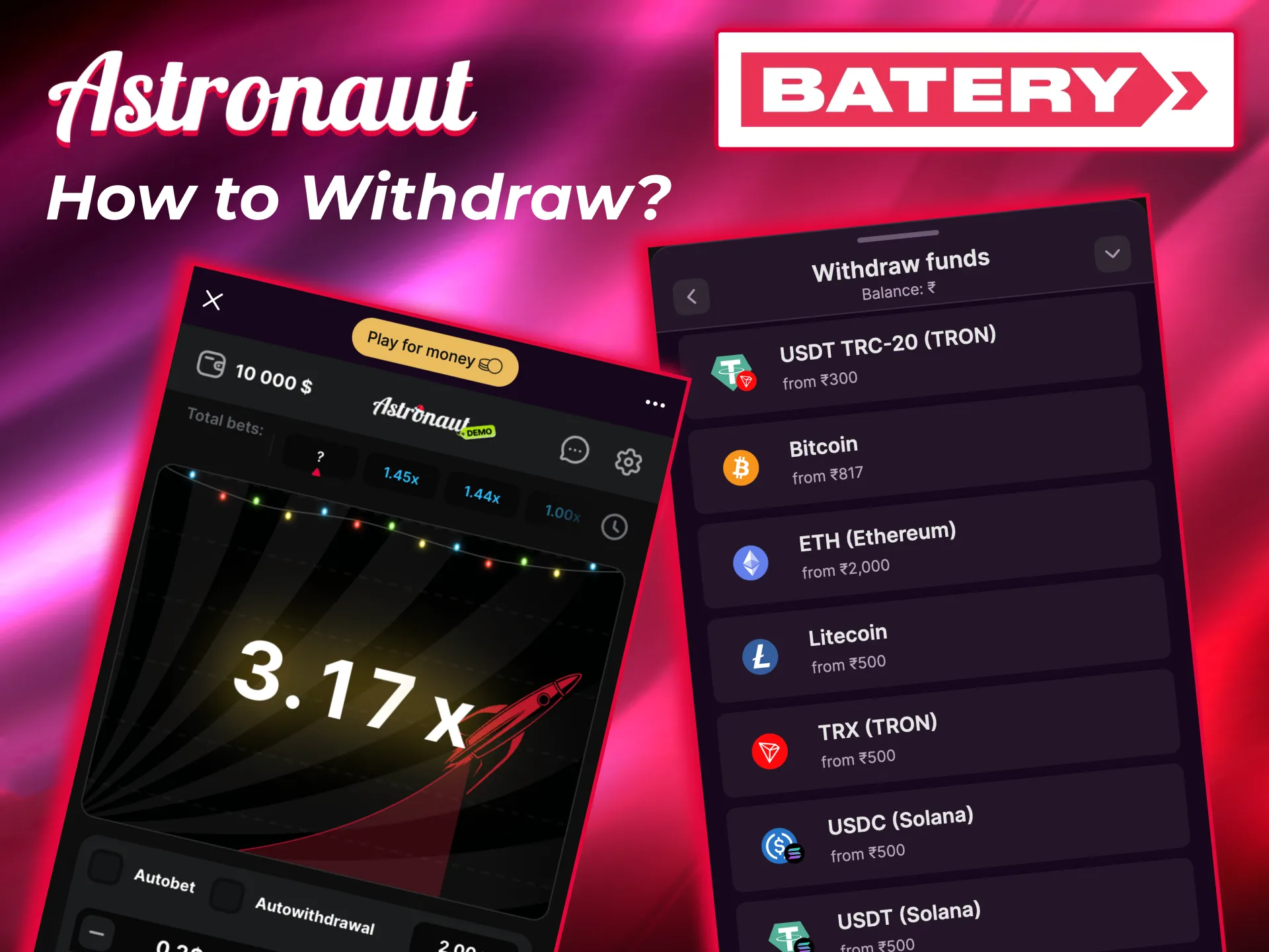 Astronaut players on Batery withdraw funds using verified accounts safely.