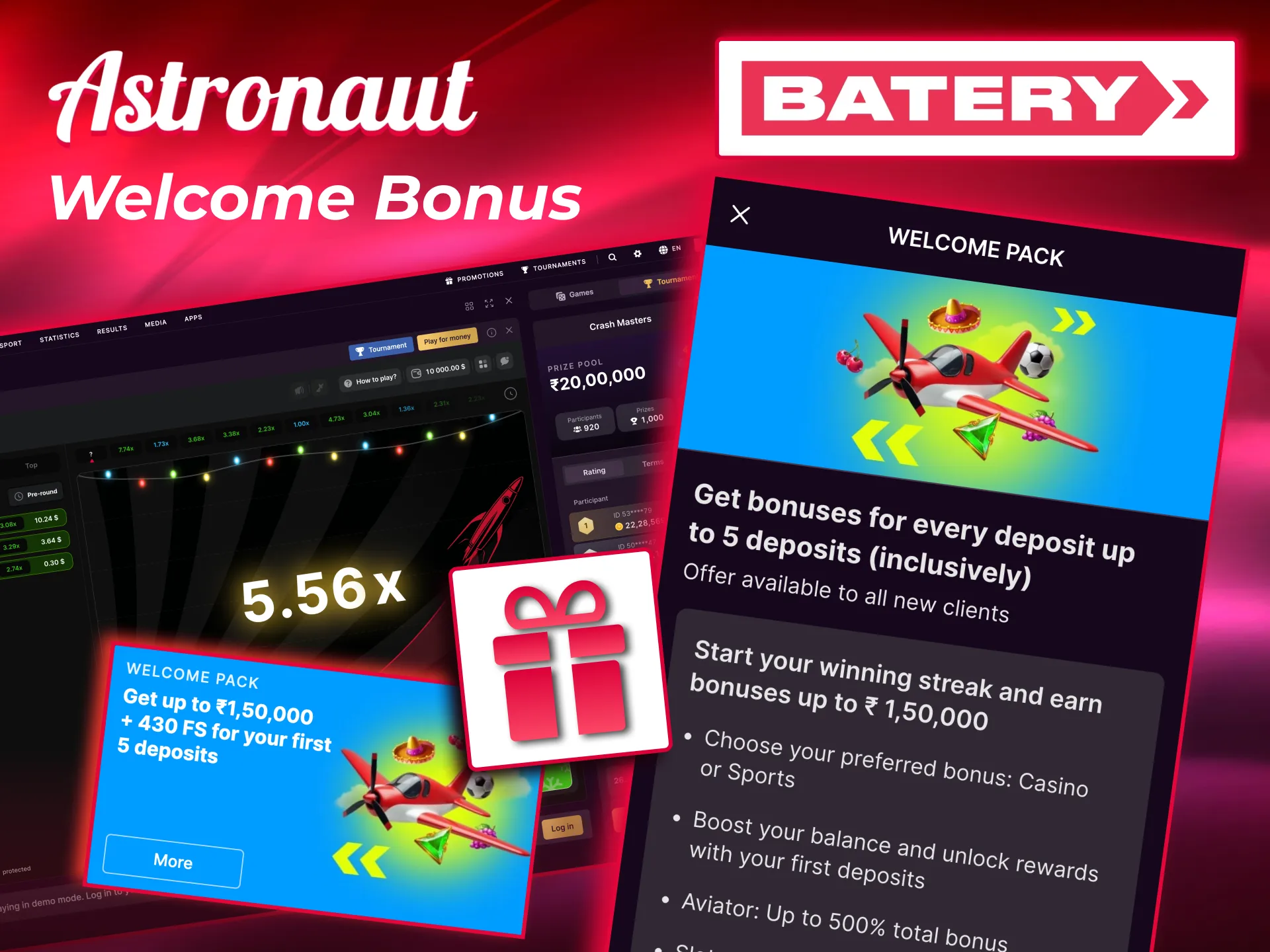 Enjoy Astronaut at Batery with multiple deposit offers and x45 wagering.