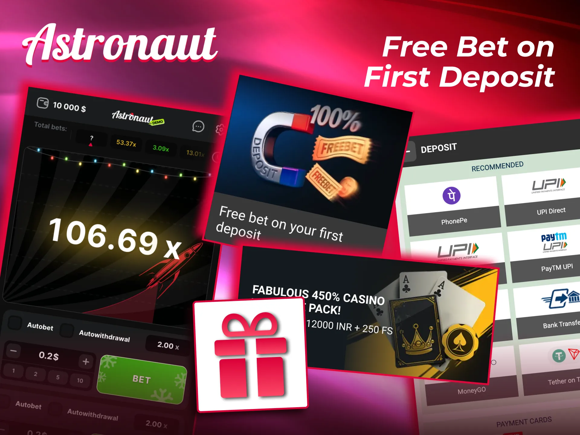 Astronaut free bet bonus available after first deposit for low risk play.