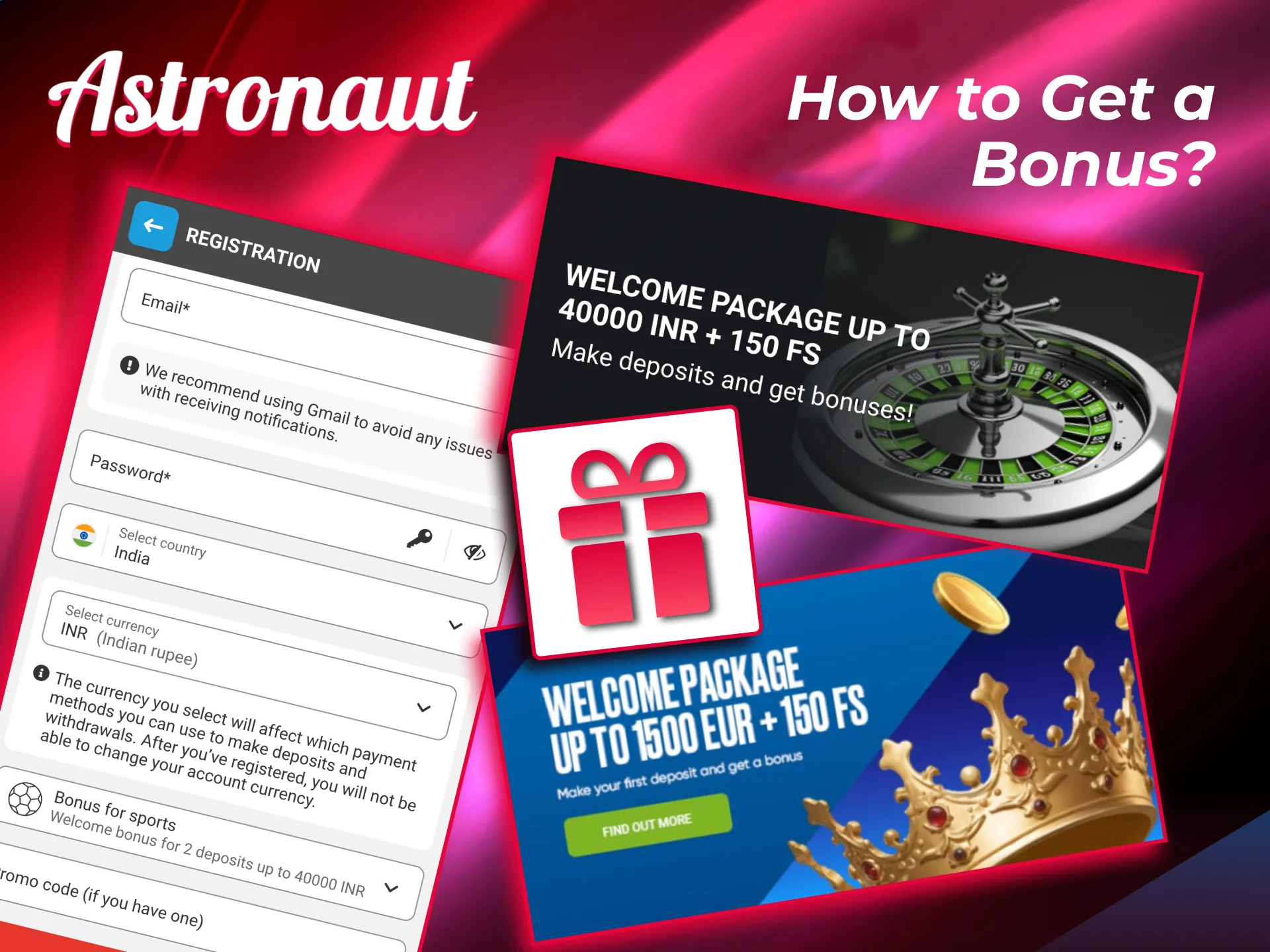 Astronaut welcome bonus guide shows registration deposit and promo code steps for new players.