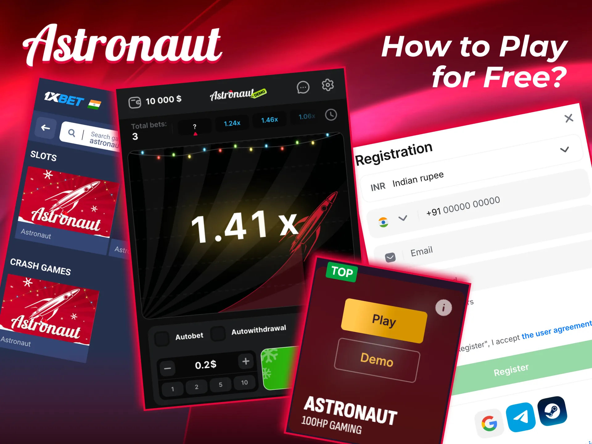 Astronaut demo mode lets Indian players practice crash game with virtual credits and no deposit.