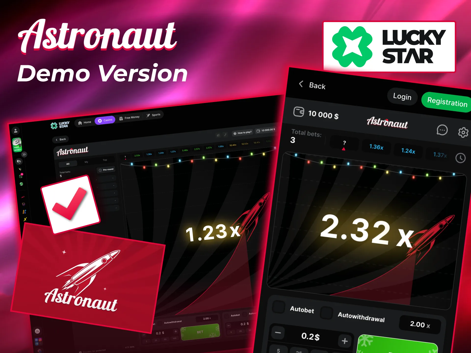 Astronaut demo version at Lucky Star mirrors live crash gameplay mechanics.