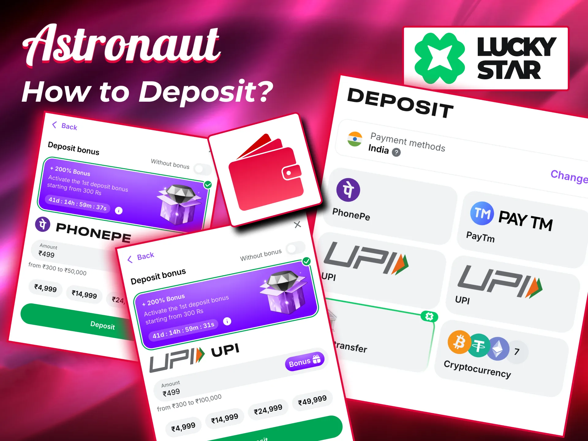 Add funds via UPI or wallet on Lucky Star and enjoy Astronaut.