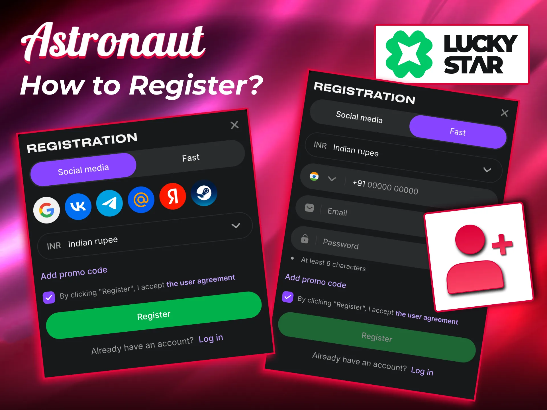 Start Astronaut on Lucky Star by registering, depositing, and setting stakes.