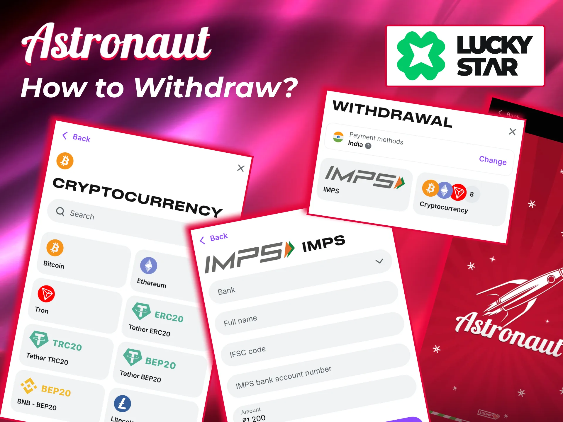 Astronaut players on Lucky Star withdraw funds safely to bank or wallet.