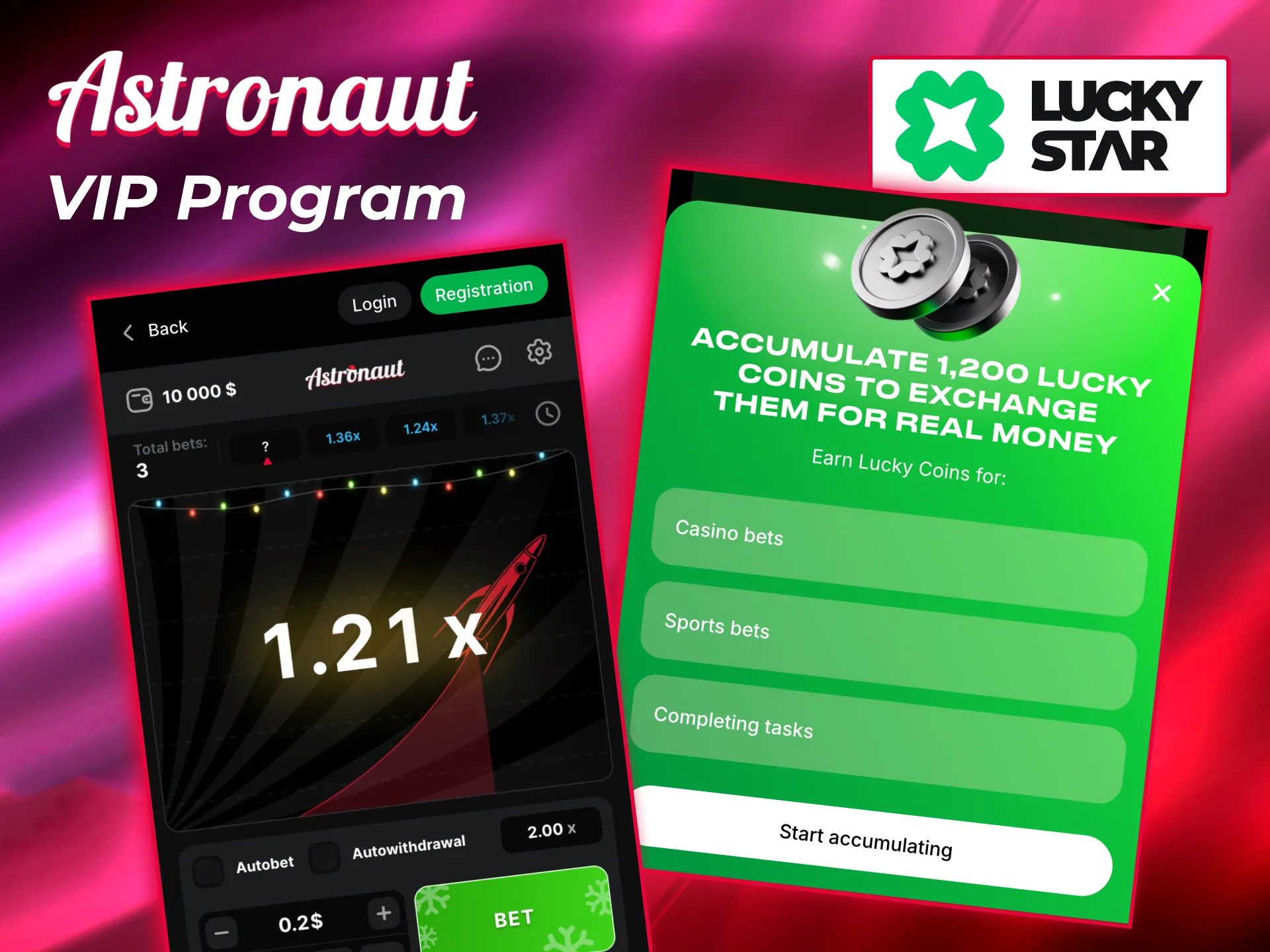 Earn Lucky Coins in Lucky Star VIP Program while enjoying Astronaut gameplay.