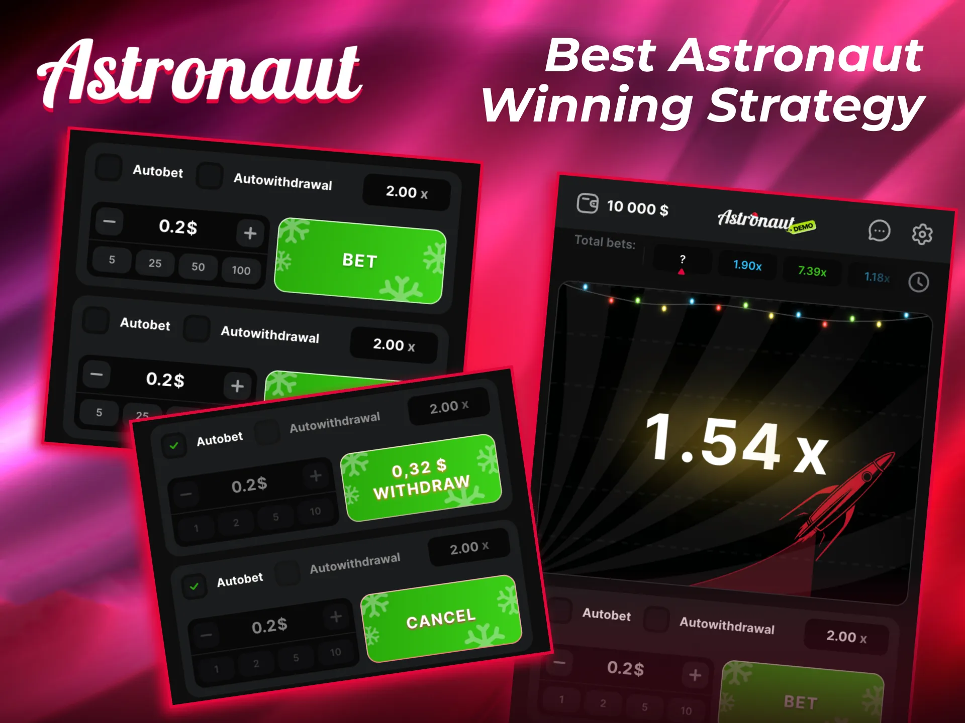 Astronaut winning guide explains low multiplier auto cashout and reverse Martingale system.