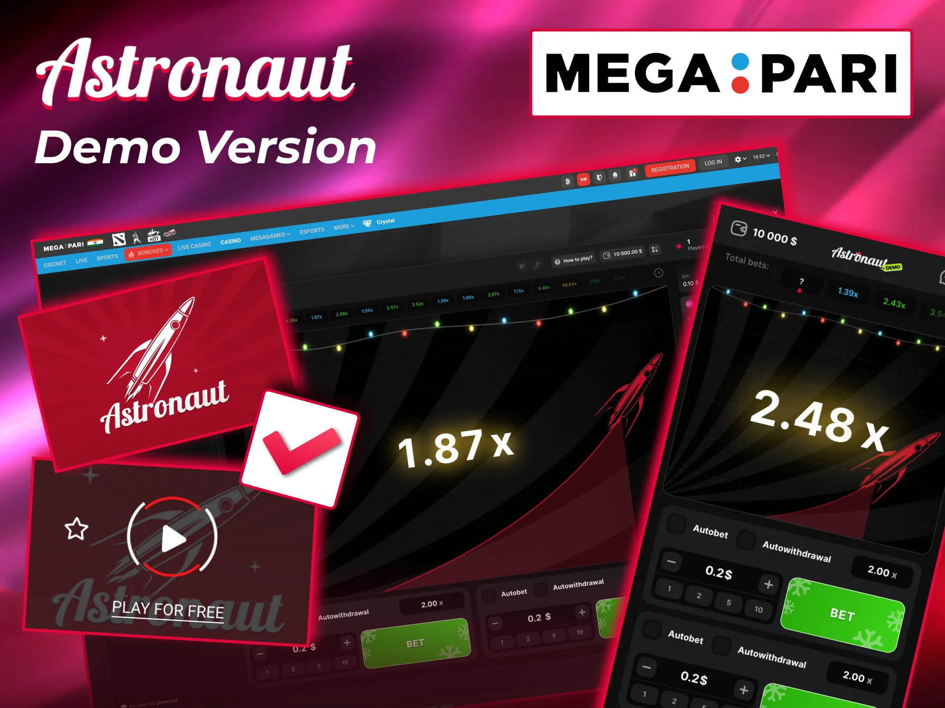 Astronaut demo on Megapari offers safe practice with virtual credits and rules.